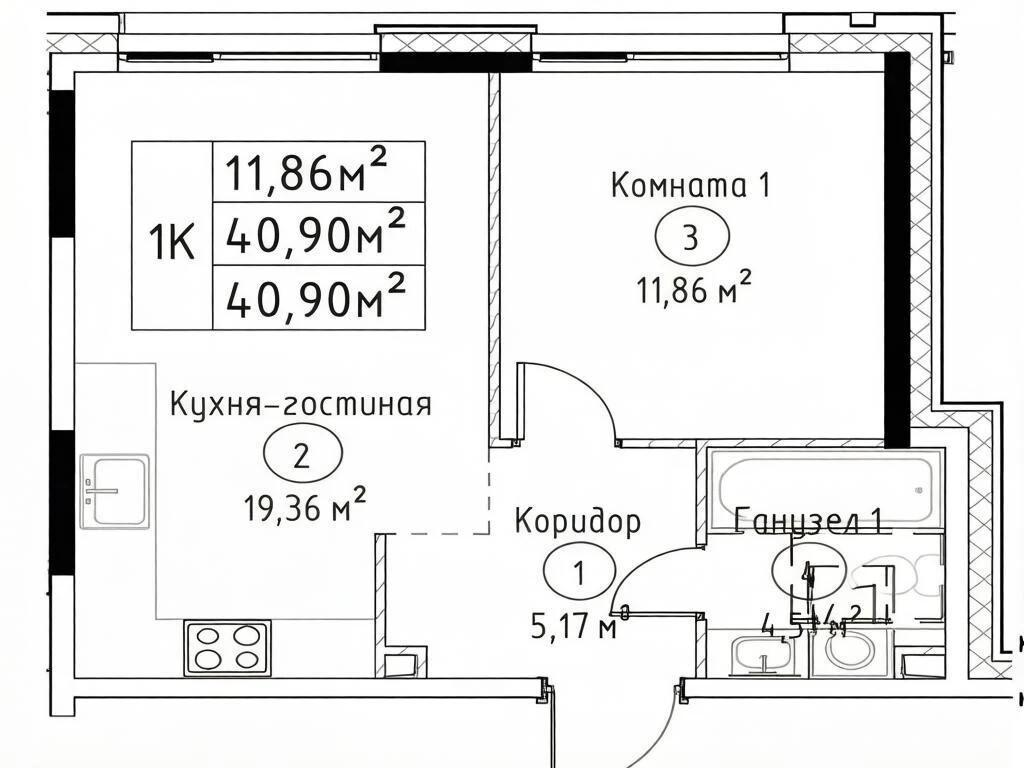 1-комнатная 40.9 м2 в ЖК undefined корпус null этаж 11