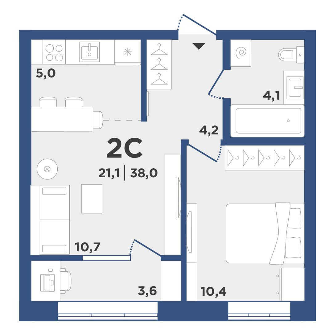2-комнатная 38 м2 в ЖК Поколение корпус null этаж 7