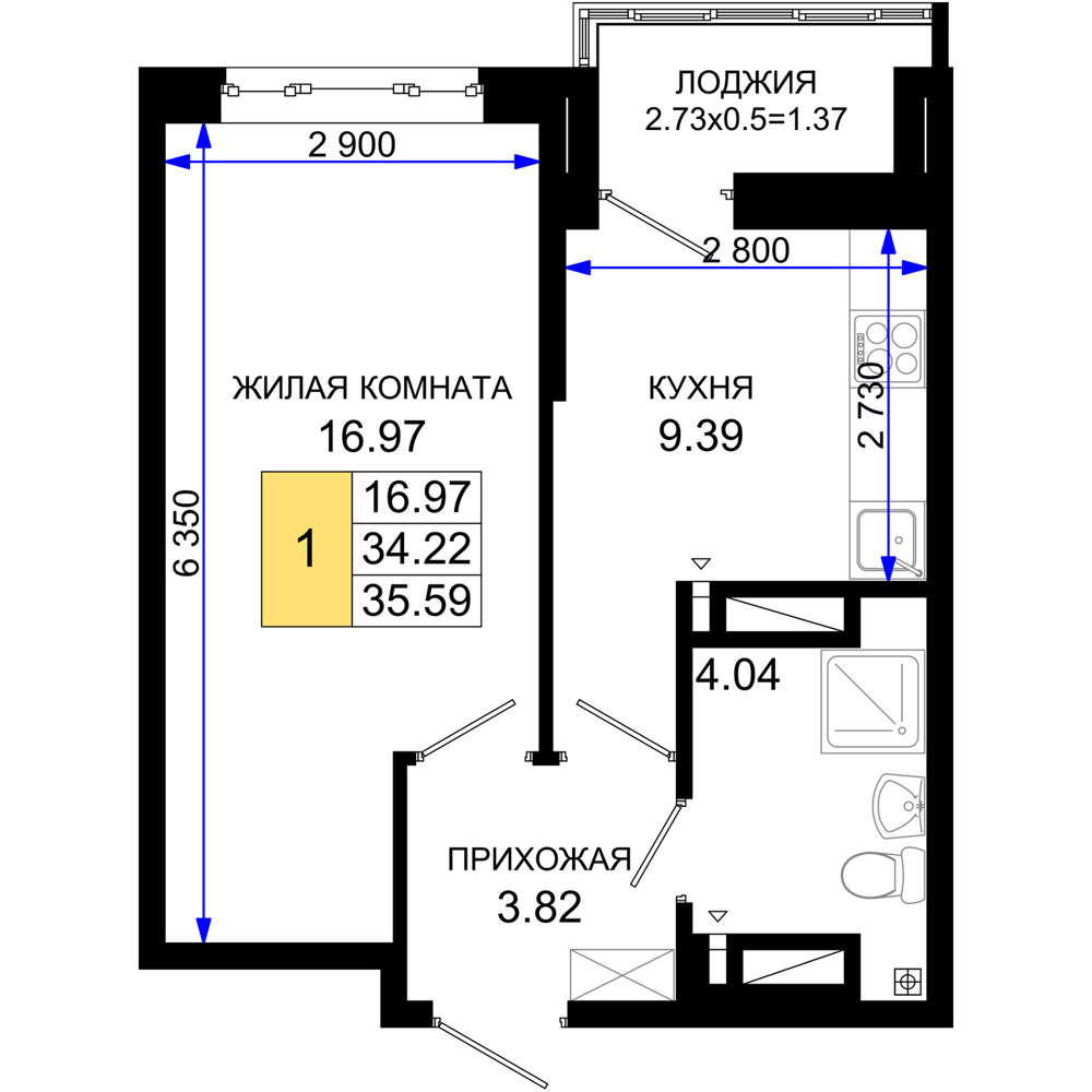 1-комнатная 35 м2 в ЖК Октябрь парк корпус null этаж 11