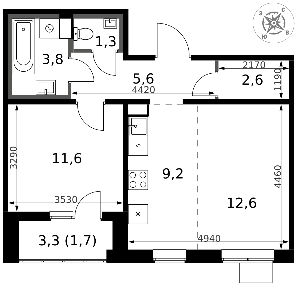 2-комнатная 48 м2 в ЖК 1-й Южный корпус null этаж 13