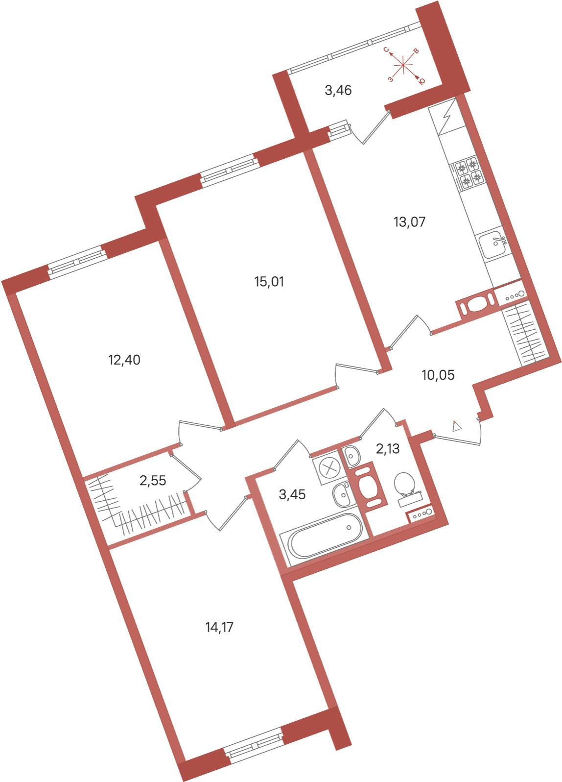3-комнатная 74 м2 в ЖК ПАТИО. Уютный квартал корпус null этаж 10