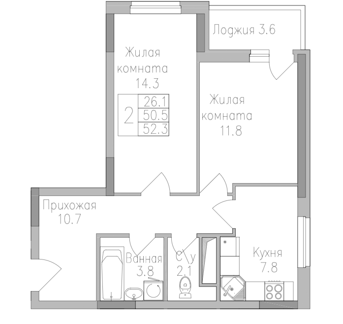 2-комнатная 52.3 м2 в ЖК undefined корпус null этаж 2