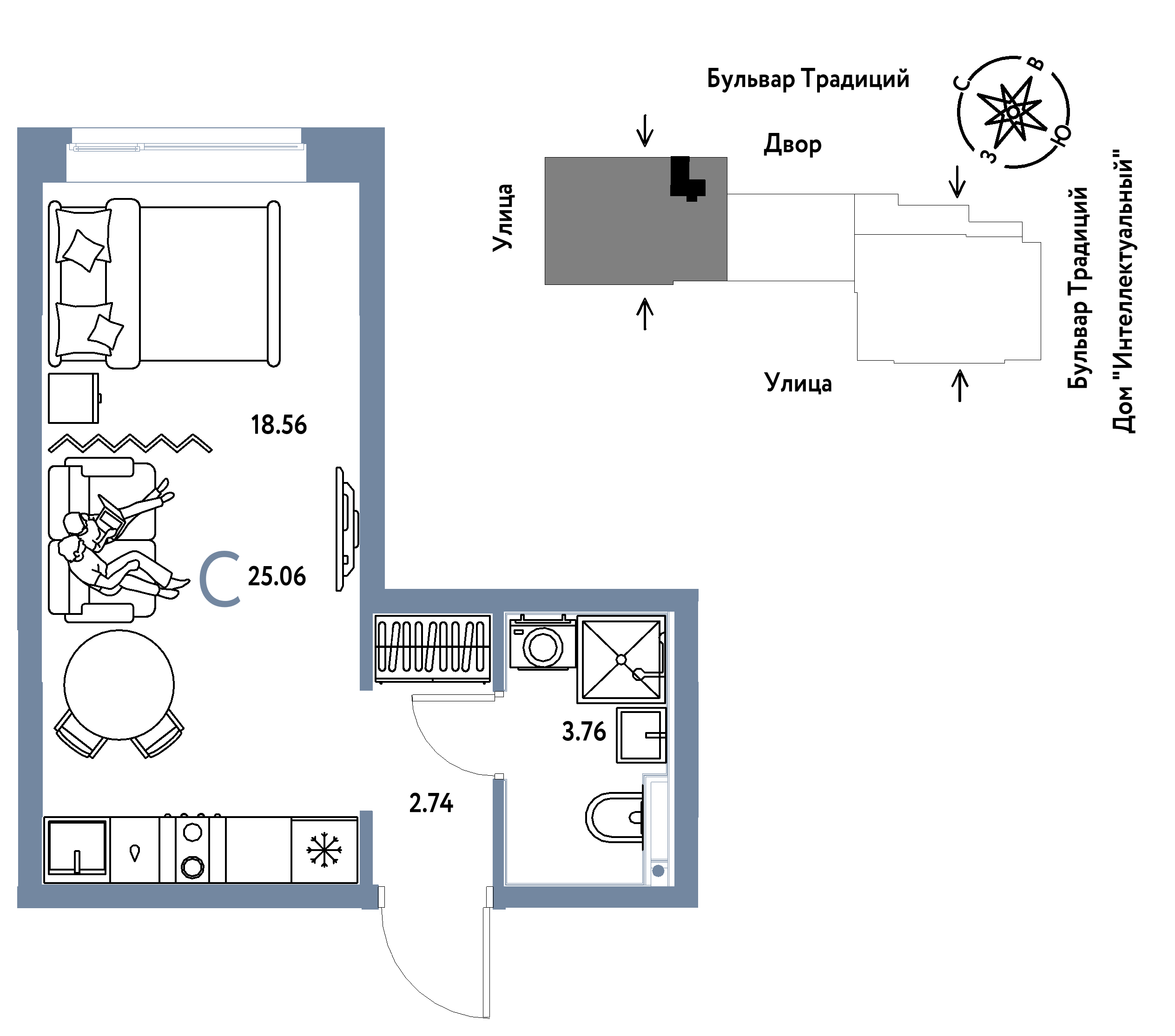 Студия 25 м2 в ЖК Микрорайон Домашний корпус null этаж 15