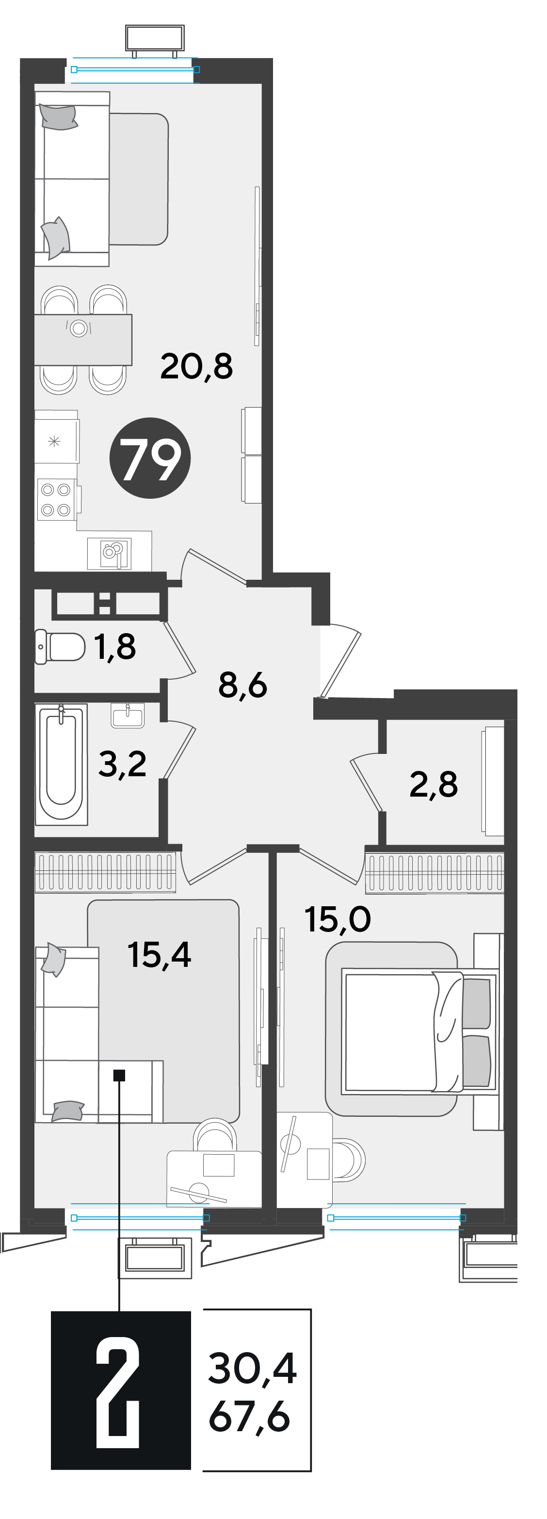 2-комнатная 66 м2 в ЖК Парк Победы 2 корпус null этаж 10