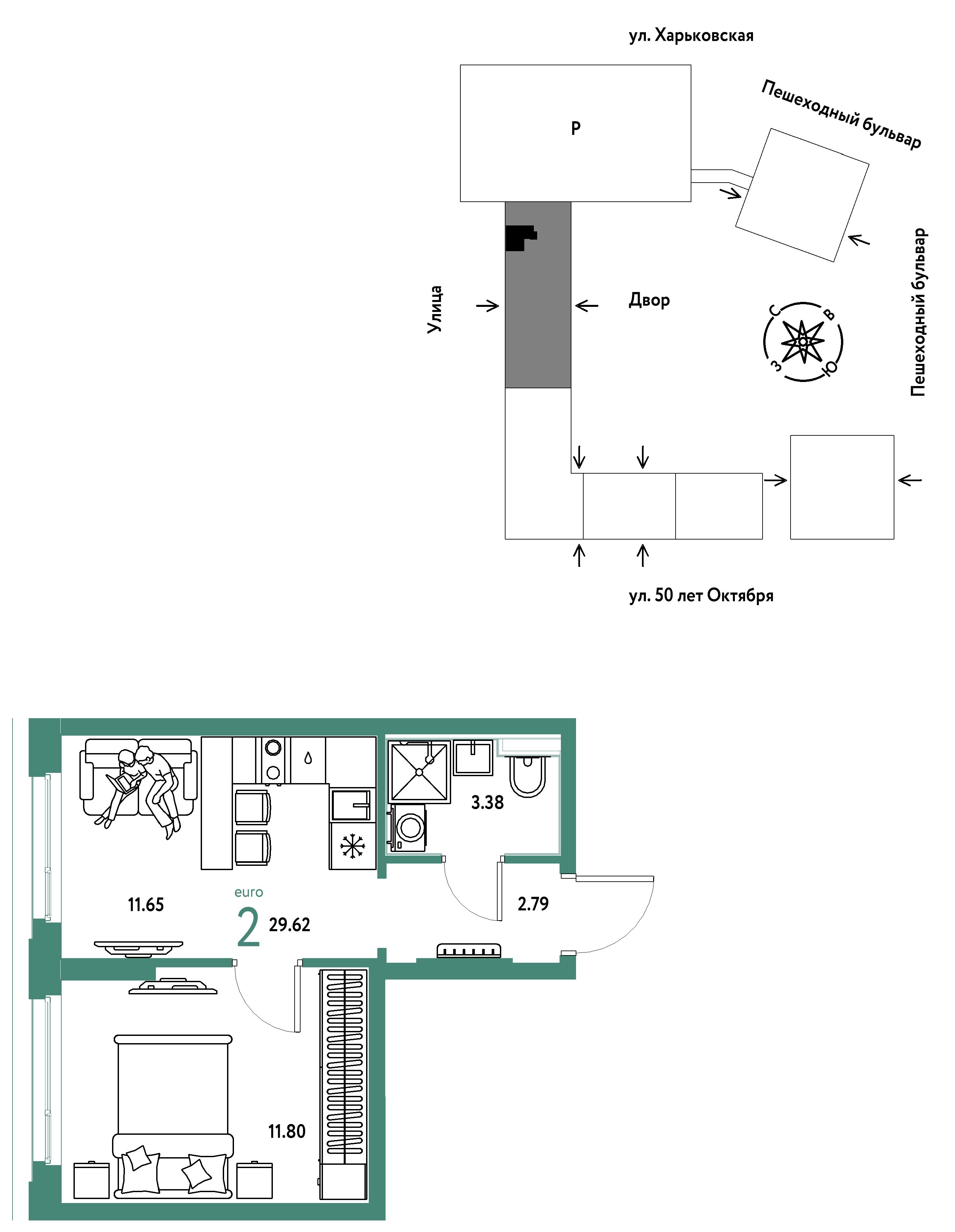 2-комнатная 29 м2 в ЖК Сердце Сибири корпус null этаж 4