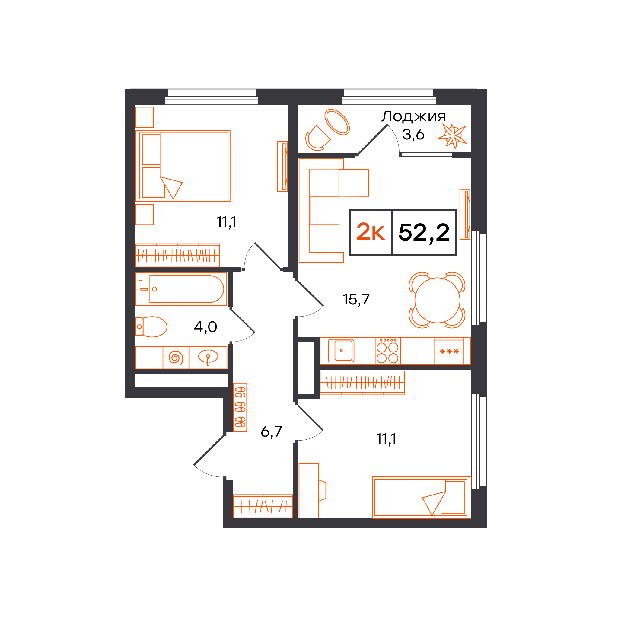 2-комнатная 52 м2 в ЖК Отличие корпус null этаж 6