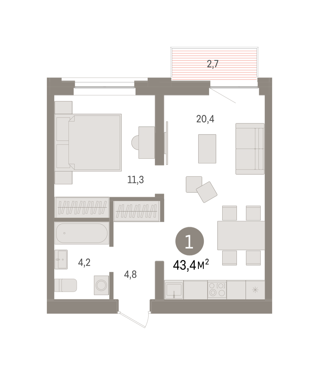 1-комнатная 43 м2 в ЖК Речной порт корпус null этаж 7