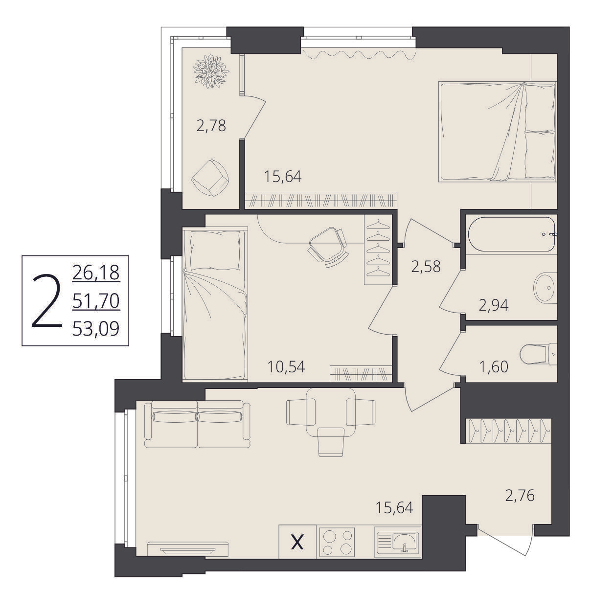 2-комнатная 53 м2 в ЖК Берег Волги корпус null этаж 13