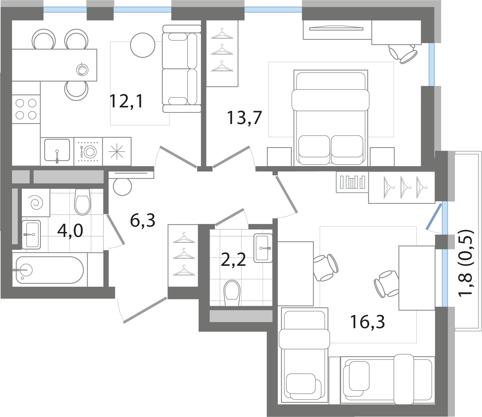 2-комнатная 55 м2 в ЖК G3 Театральный корпус null этаж 2