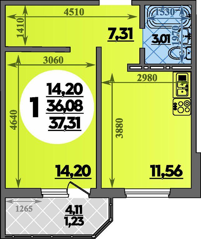 1-комнатная 37 м2 в ЖК Суворовский корпус null этаж 1