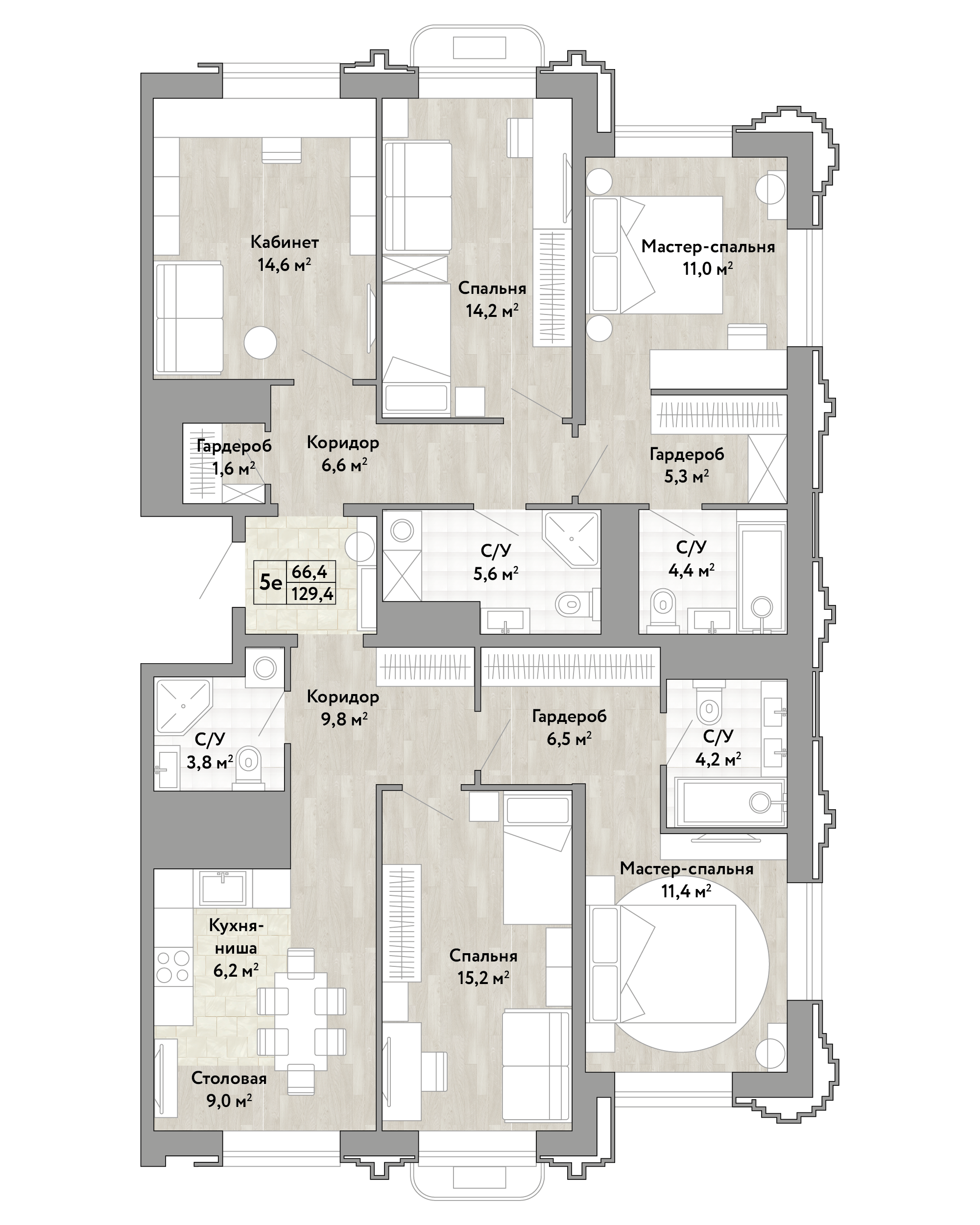 5-комнатная 129 м2 в ЖК Сердце Бонивура корпус null этаж 17