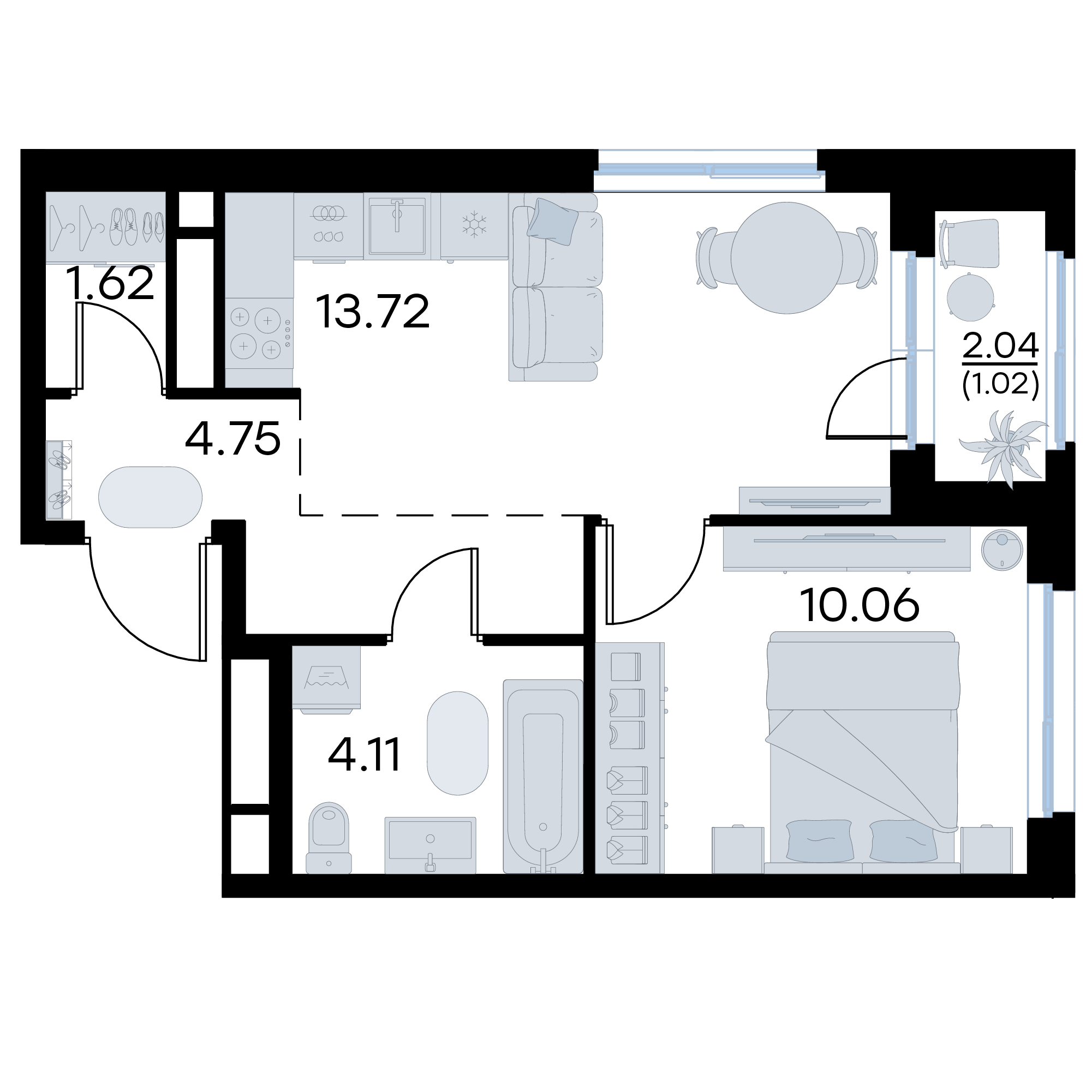 1-комнатная 35 м2 в ЖК GloraX Октябрьский корпус null этаж 16