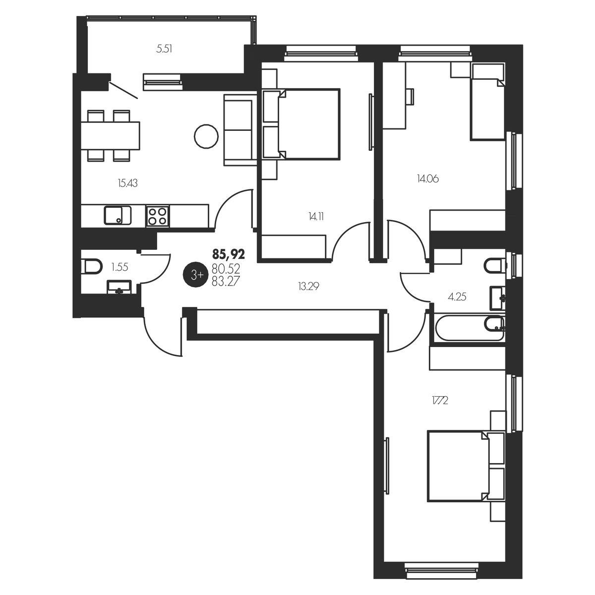 3-комнатная 85 м2 в ЖК Новый корпус null этаж 12