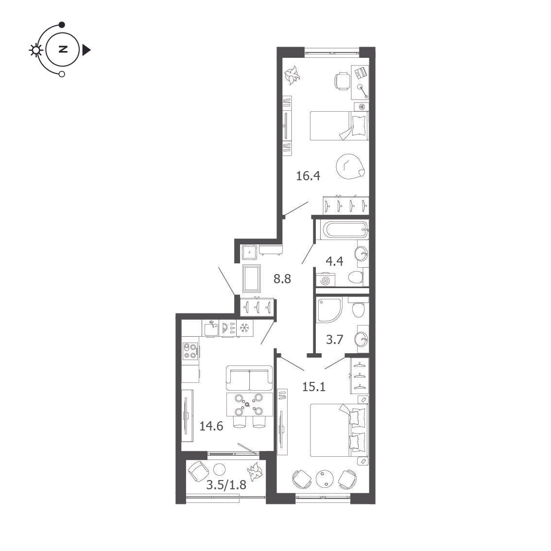 2-комнатная 64 м2 в ЖК Пулковский дом корпус null этаж 4