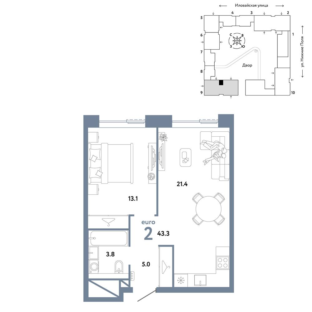 2-комнатная 43 м2 в ЖК Страна.Заречная корпус null этаж 25