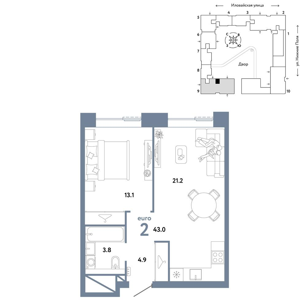 2-комнатная 43 м2 в ЖК Страна.Заречная корпус null этаж 9