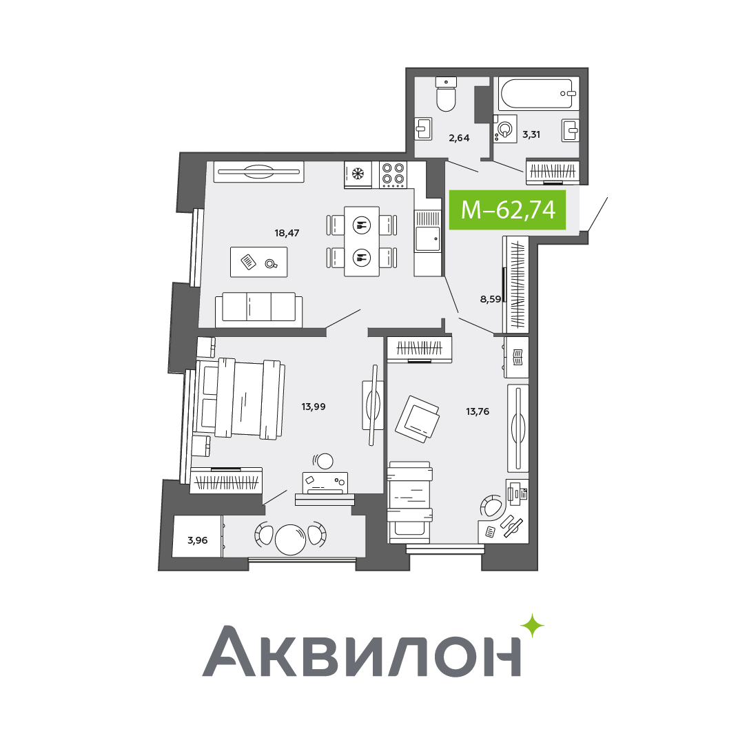 Студия 62 м2 в ЖК Аквилон CITY Towers корпус null этаж 11