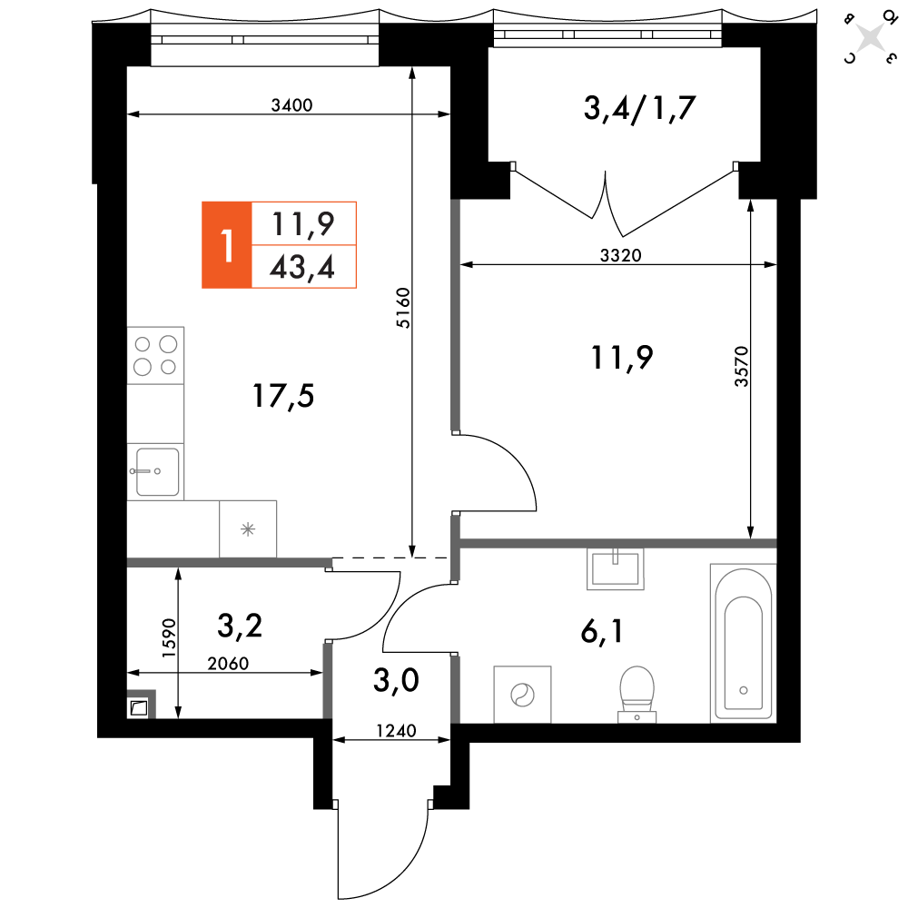 1-комнатная 43 м2 в ЖК Фордевинд корпус null этаж 10