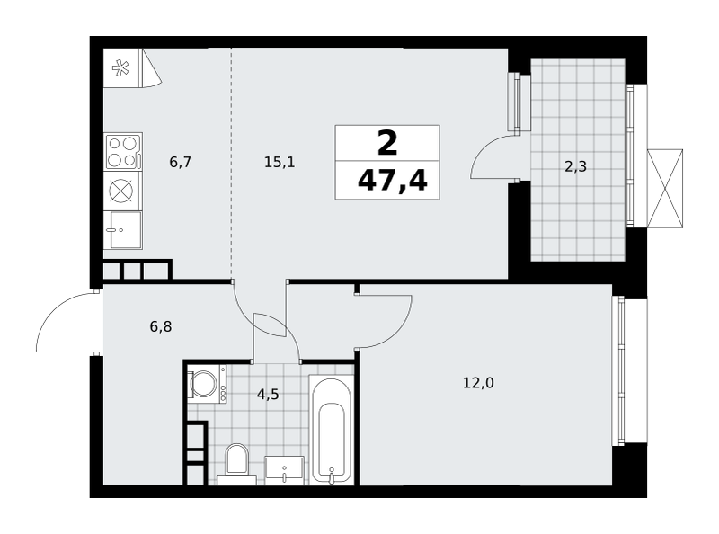 2-комнатная 47 м2 в ЖК Бунинские кварталы корпус null этаж 15