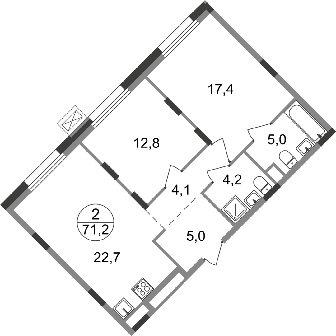 2-комнатная 71 м2 в ЖК Резиденции Сколково корпус null этаж 2