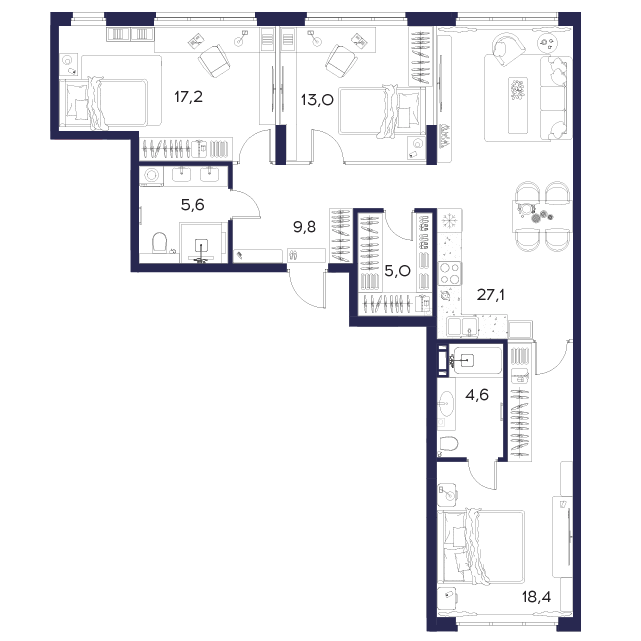 3-комнатная 100 м2 в ЖК WELLART City корпус null этаж 3