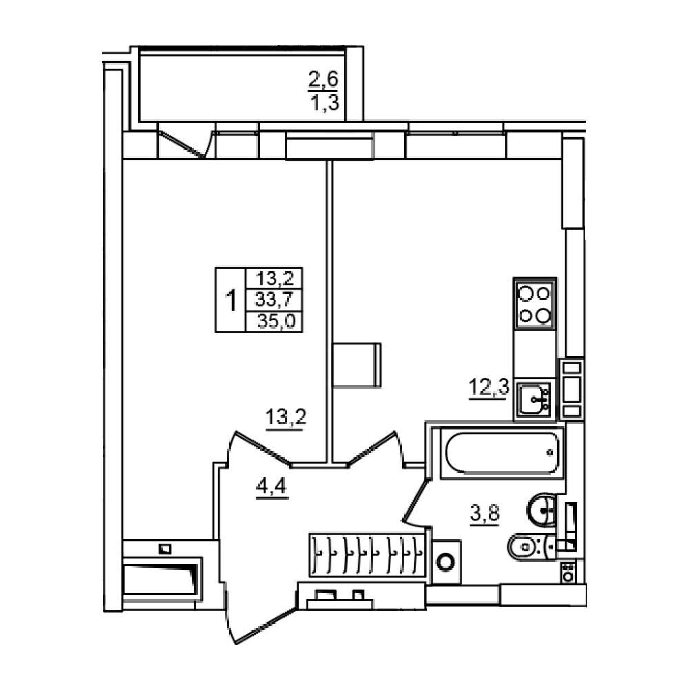 1-комнатная 35 м2 в ЖК Сталь корпус null этаж 8