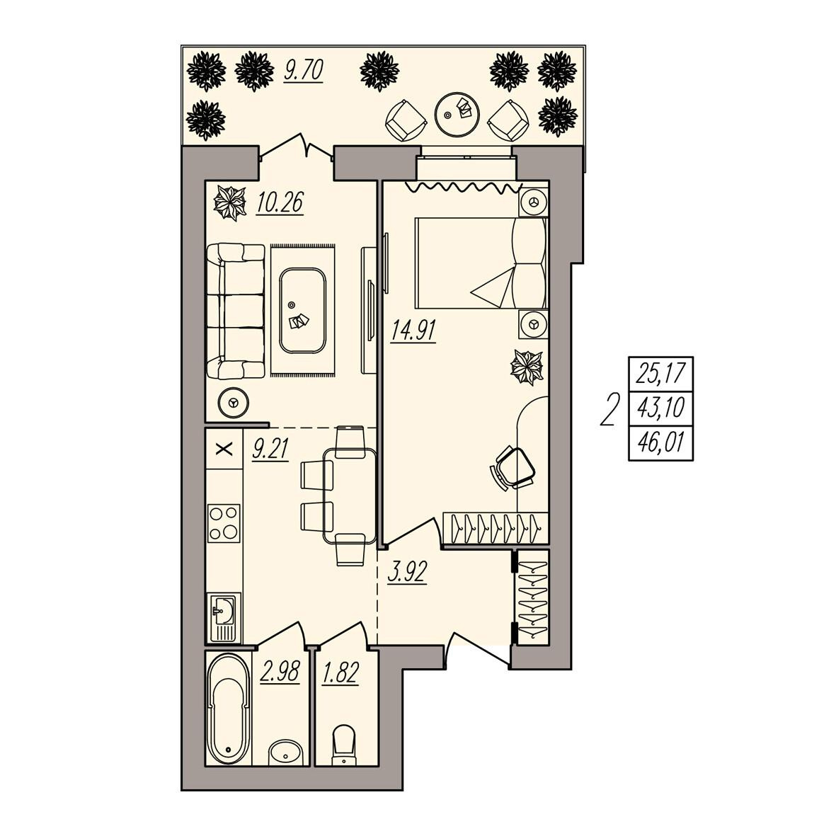 2-комнатная 46 м2 в ЖК Герои поколений корпус null этаж 1