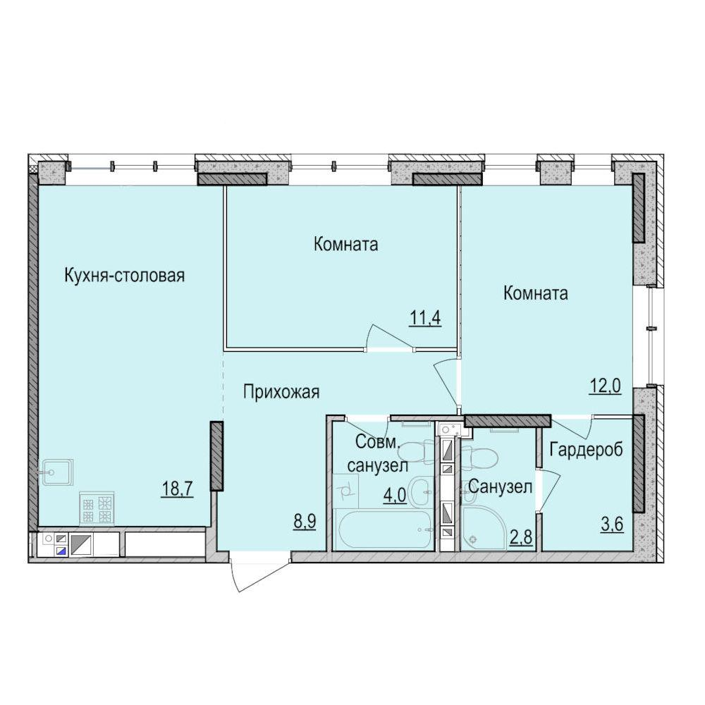 2-комнатная 61 м2 в ЖК Утро на Репина корпус null этаж 2