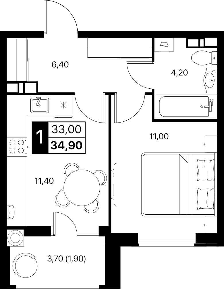 1-комнатная 34 м2 в ЖК Эстет корпус null этаж 11