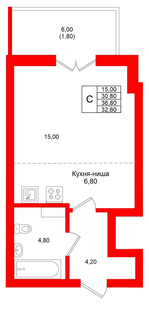 Студия 32 м2 в ЖК Фридланд корпус null этаж 2