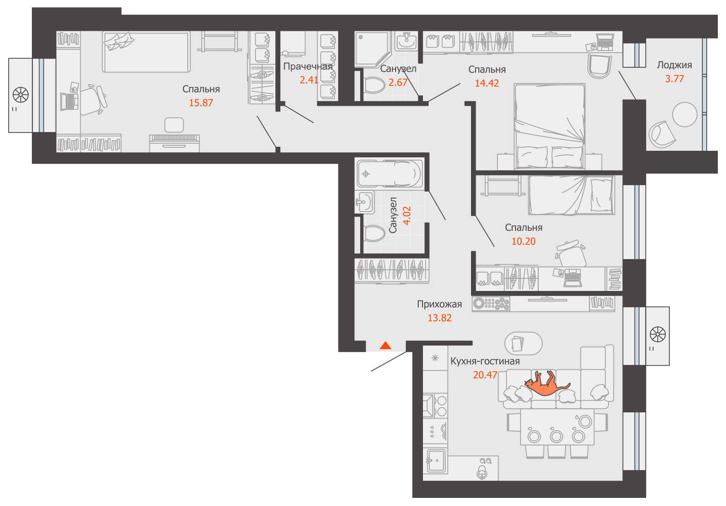 4-комнатная 86 м2 в ЖК Зарядное корпус null этаж 3