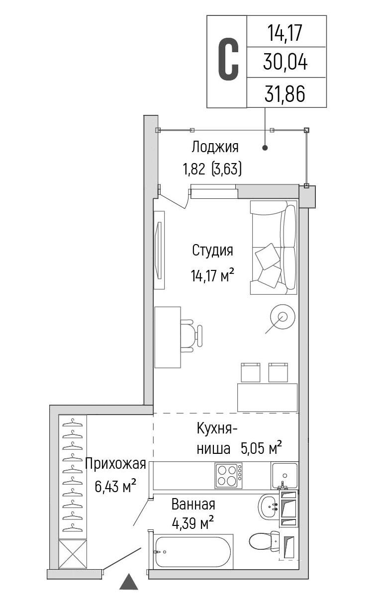 Студия 31 м2 в ЖК Riga Hills корпус null этаж 2