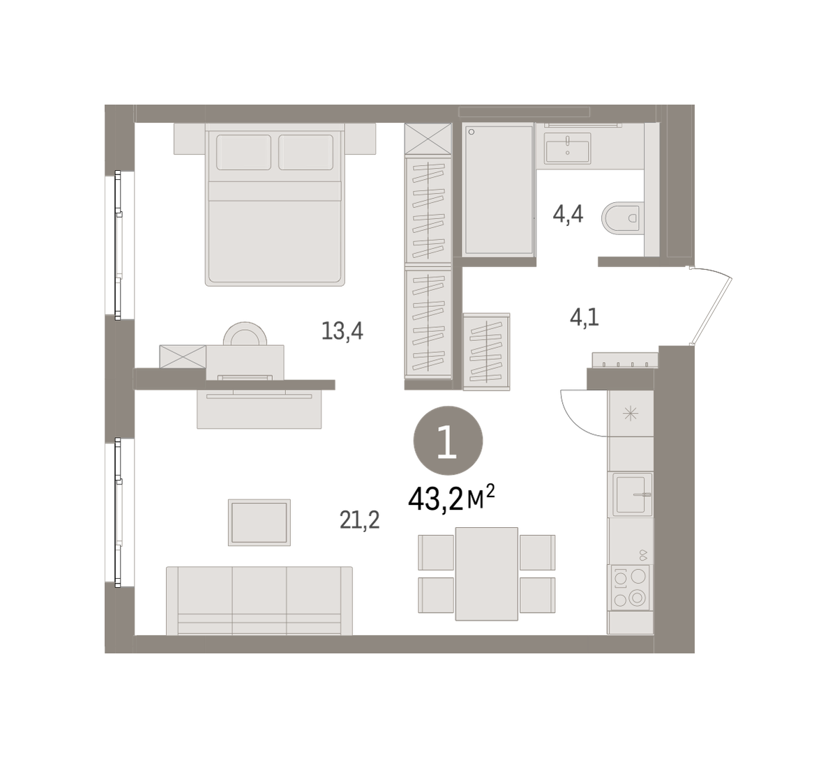 1-комнатная 43 м2 в ЖК Брусника в Новоселье корпус null этаж 3