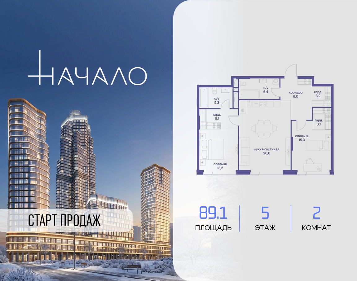 2-комнатная 89 м2 в ЖК Начало корпус null этаж 5