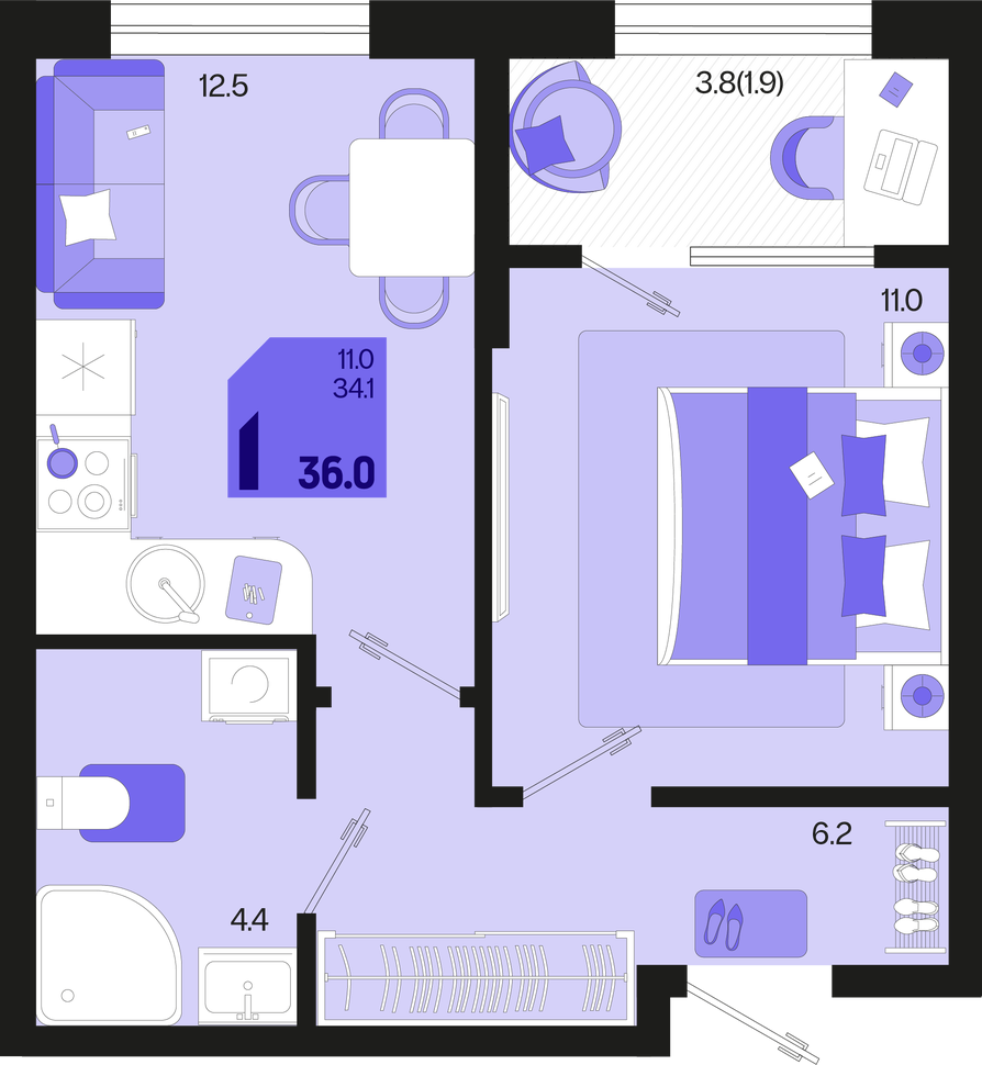 1-комнатная 36 м2 в ЖК undefined корпус null этаж 2