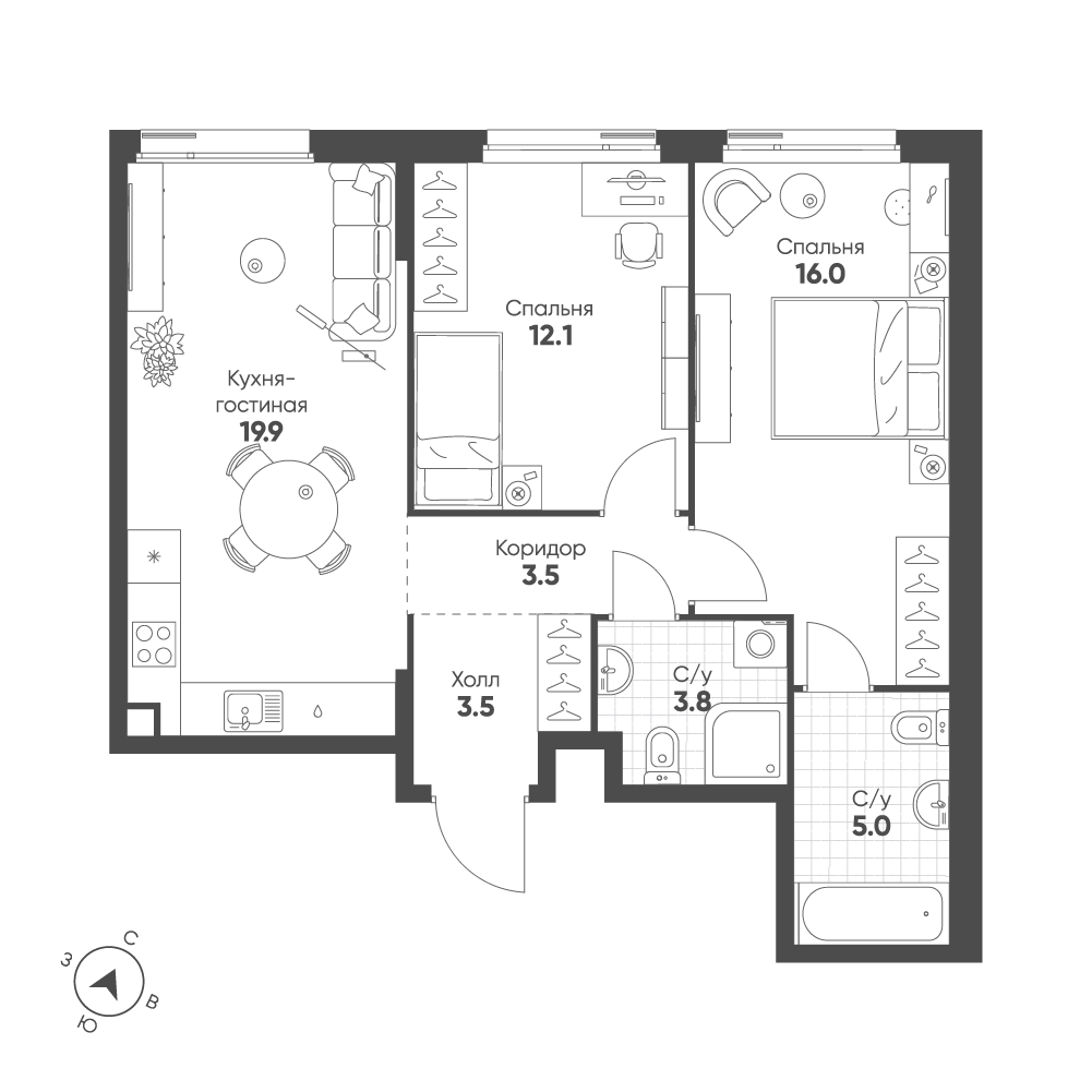 2-комнатная 63 м2 в ЖК Шагал корпус null этаж 7