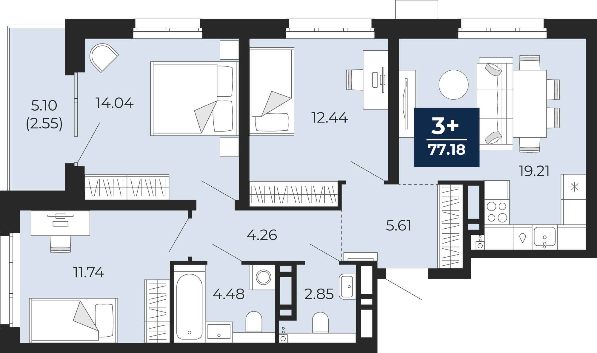 3-комнатная 74 м2 в ЖК Прео корпус null этаж 15