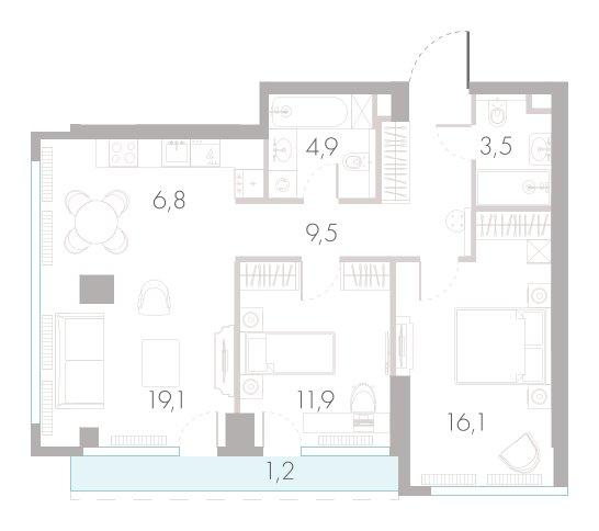 3-комнатная 72 м2 в ЖК River Park Towers Кутузовский корпус null этаж 10