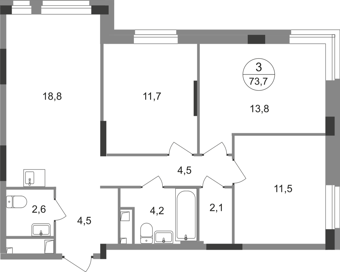 3-комнатная 73 м2 в ЖК Первый Московский корпус null этаж 3