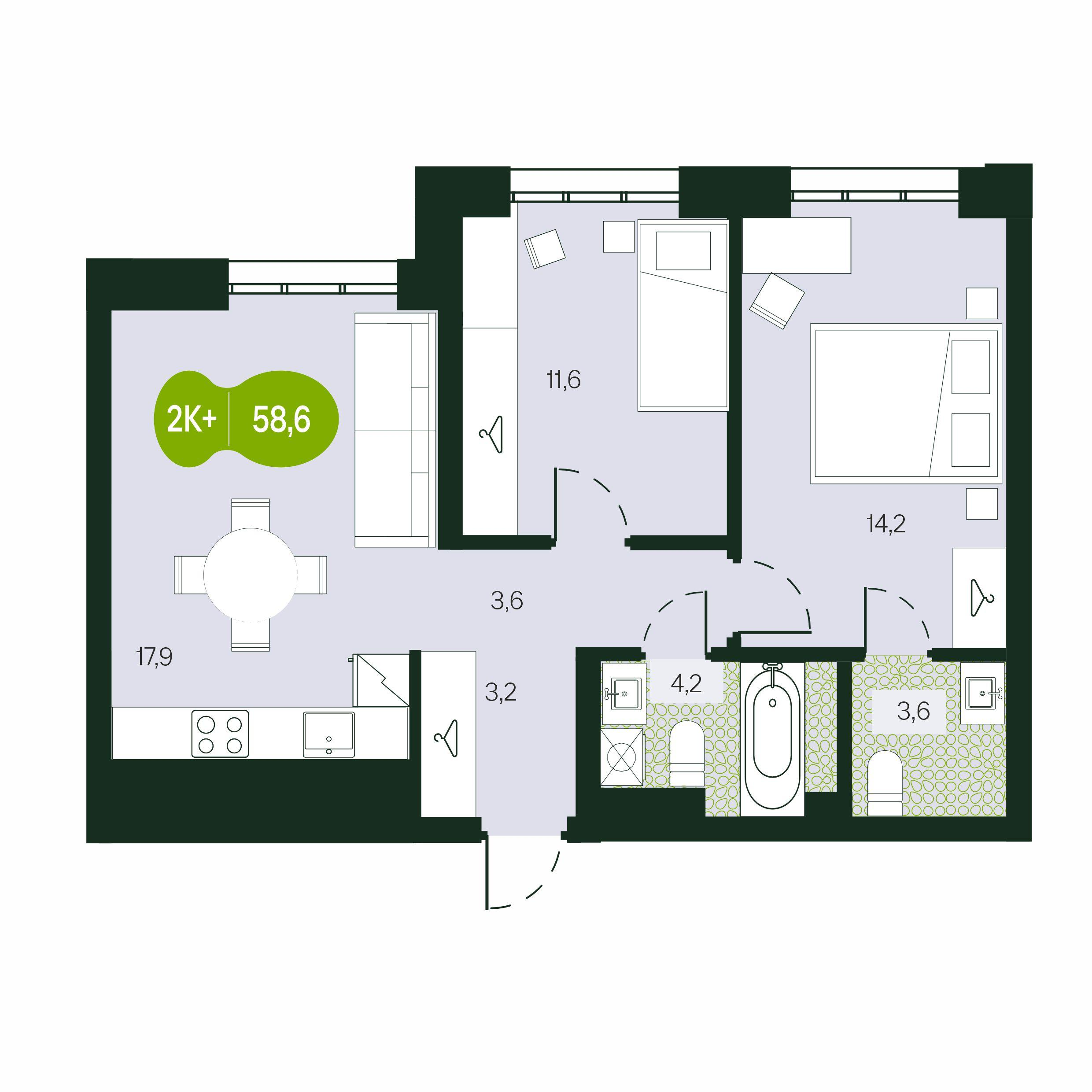 3-комнатная 58 м2 в ЖК Солнечный Город корпус null этаж 1