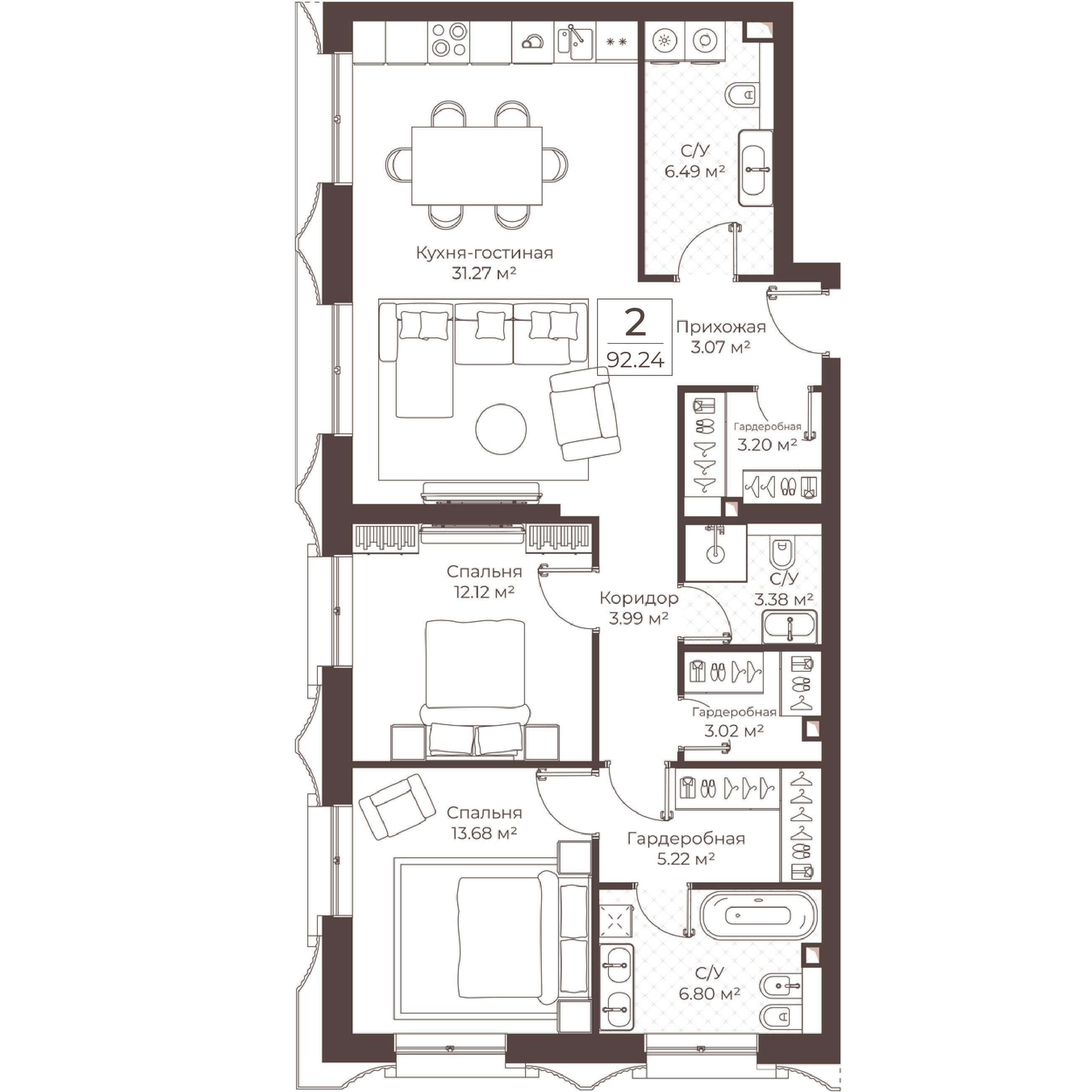2-комнатная 92 м2 в ЖК Резиденции Воронцова корпус null этаж 4