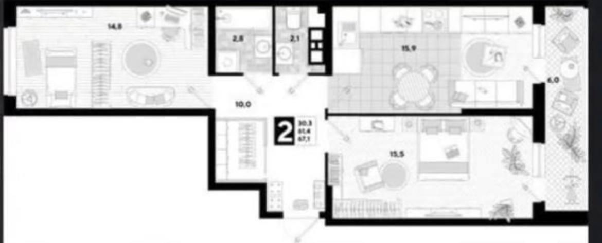 2-комнатная 67.1 м2 в ЖК undefined корпус null этаж 9