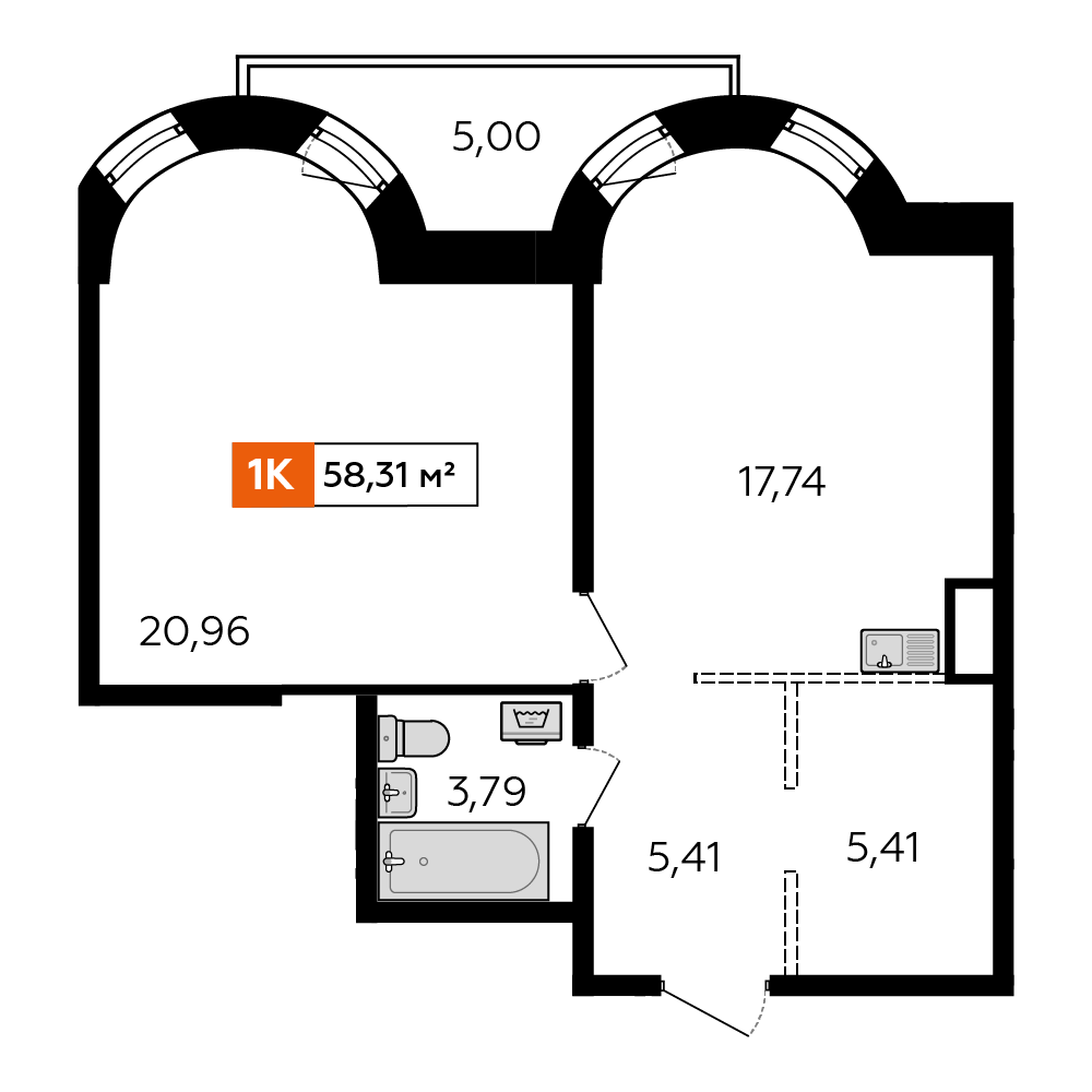 1-комнатная 58 м2 в ЖК Аккорд корпус null этаж 11