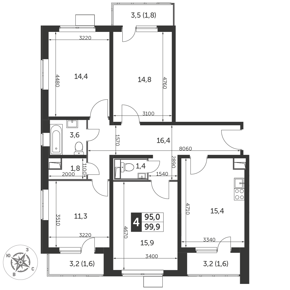 4-комнатная 100 м2 в ЖК 1-й Лермонтовский корпус null этаж 9