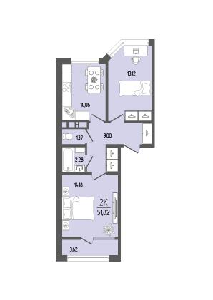2-комнатная 51 м2 в ЖК Прима корпус null этаж 16