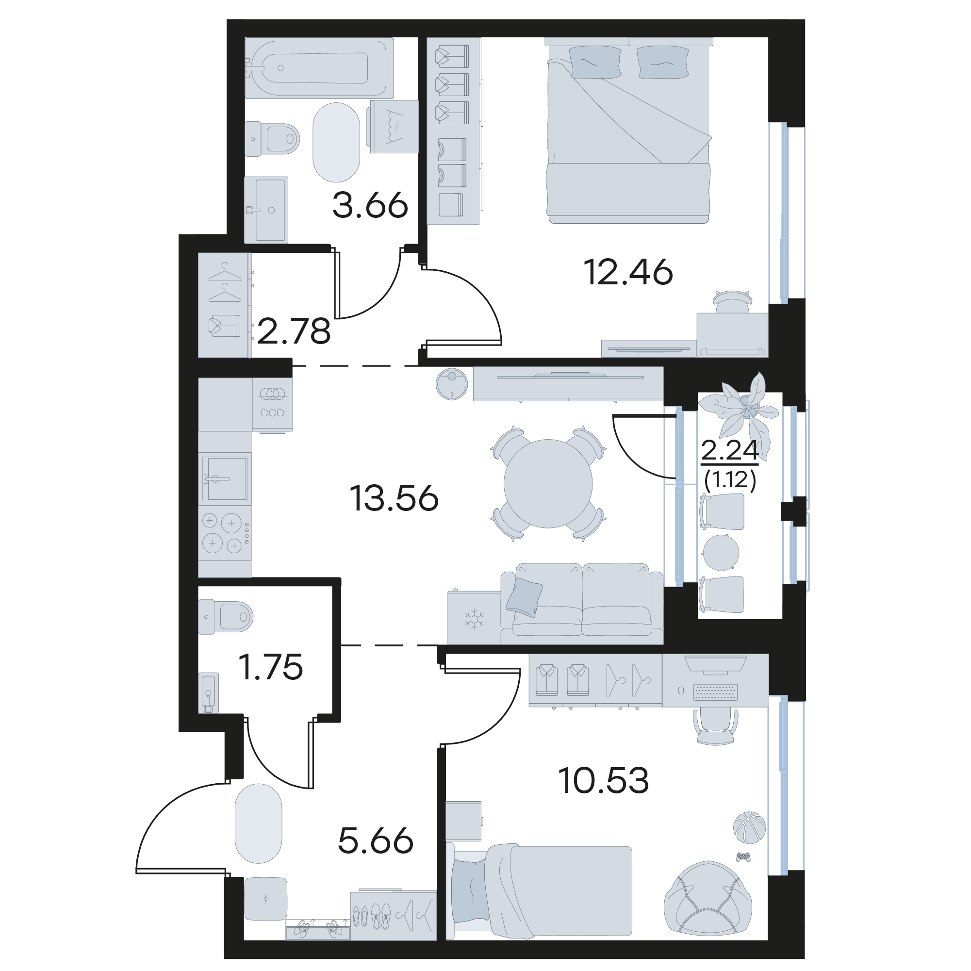 2-комнатная 51 м2 в ЖК GloraX Октябрьский корпус null этаж 9