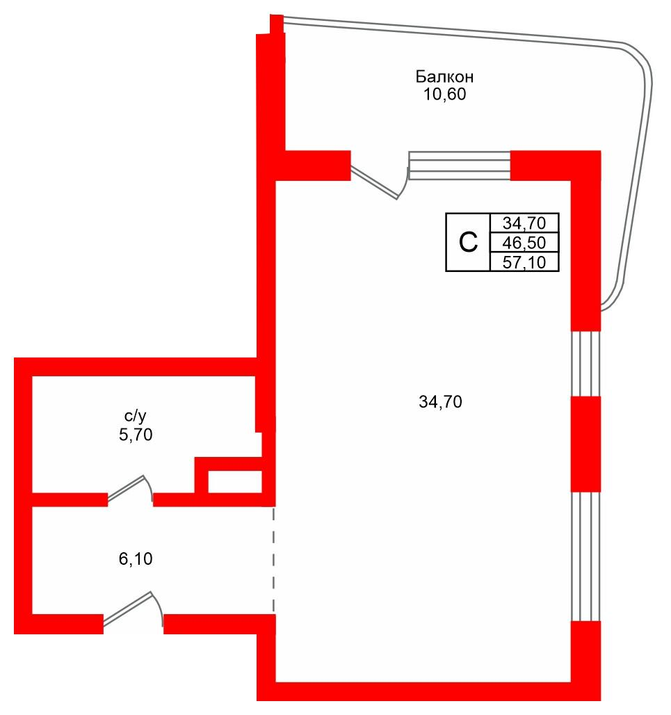 Студия 57 м2 в ЖК Русь-2 корпус null этаж 2