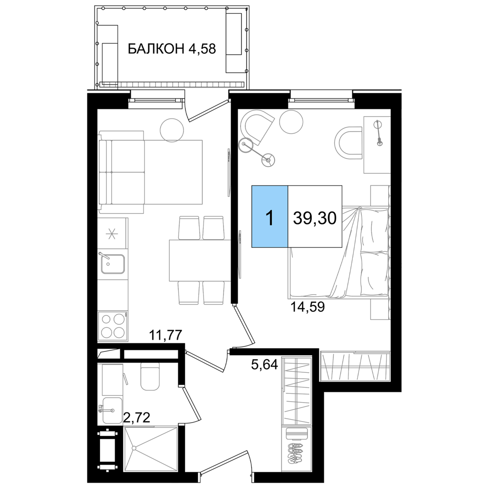 2-комнатная 39 м2 в ЖК Корсаков корпус null этаж 8