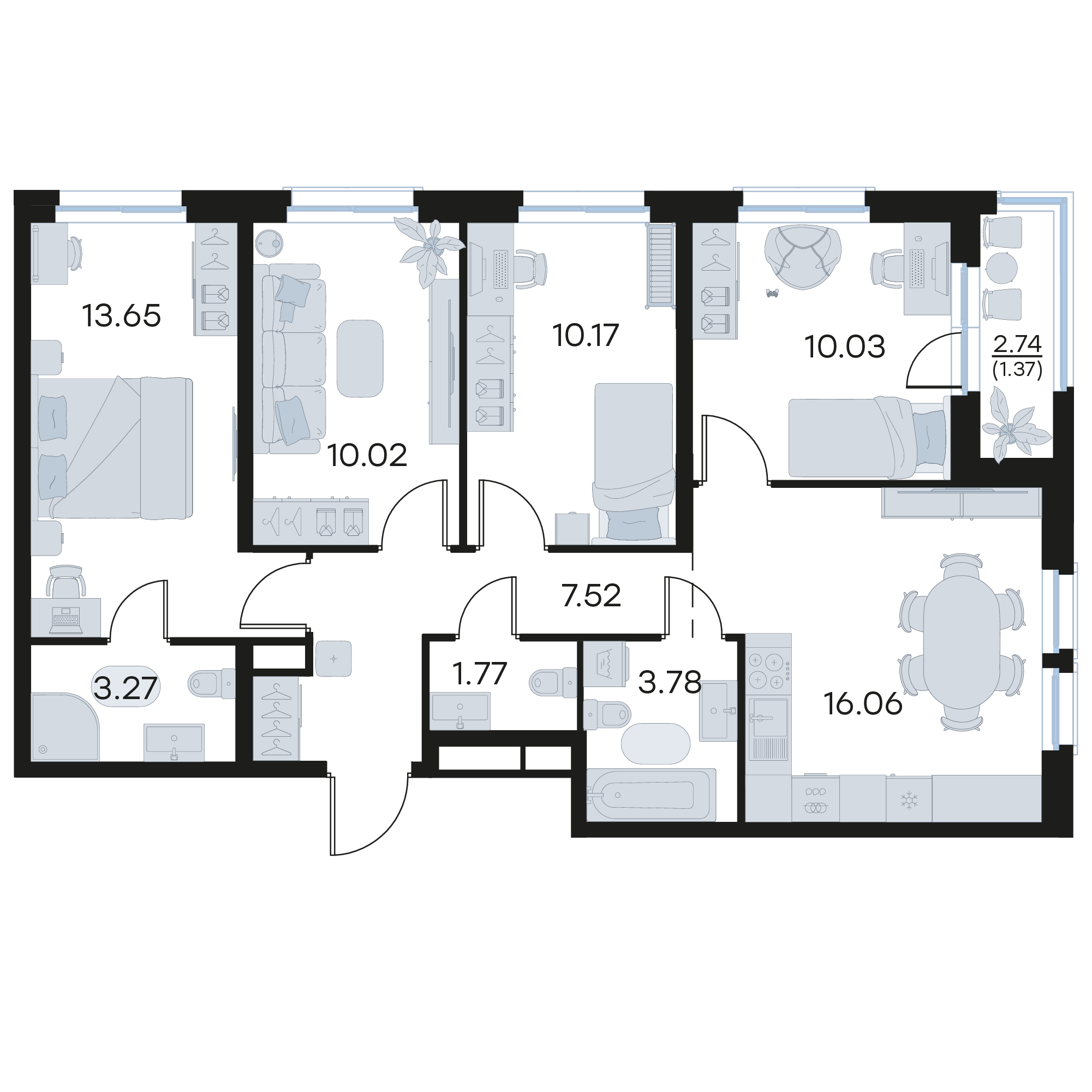 4-комнатная 77 м2 в ЖК GloraX Октябрьский корпус null этаж 11