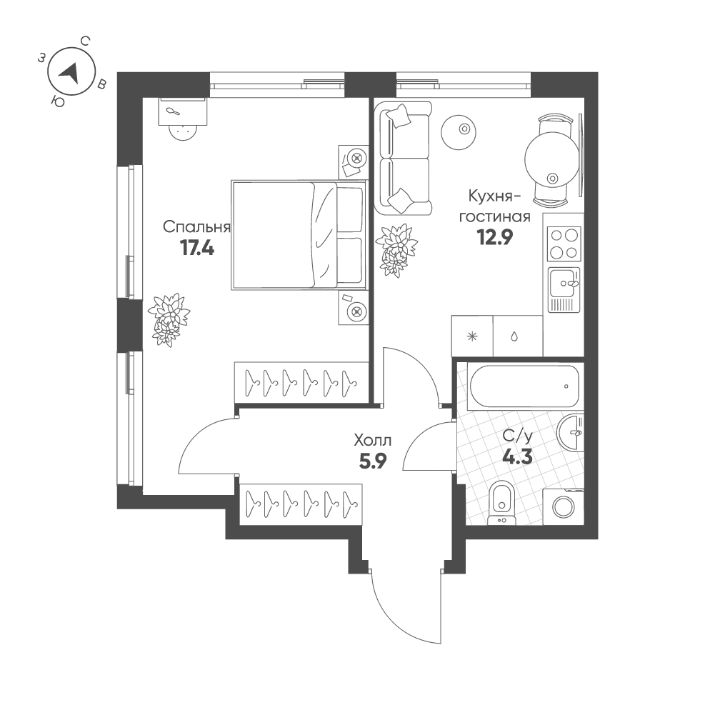 1-комнатная 40 м2 в ЖК Shagal корпус null этаж 11